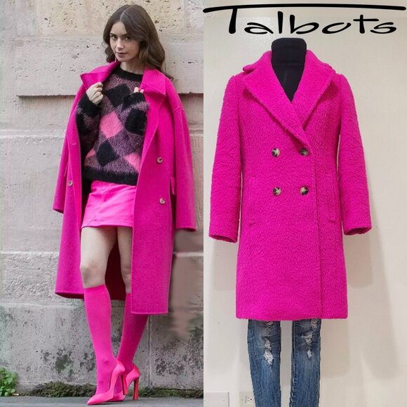 💥UBER GORGE!💥Tailored Double-Breasted Brushed Wool Blend Coat in Fuchsia Pink - Picture 1 of 15
